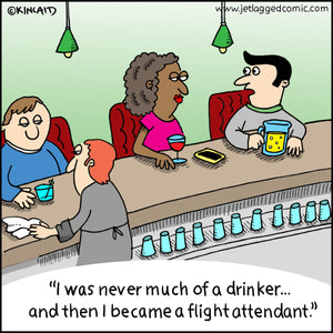 Flight attendant at bar explaining how he wasn't a drinker until he became a flight attendant.