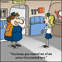 "You Remind Me" cartoon old flight attendant talking to young flight attendant
